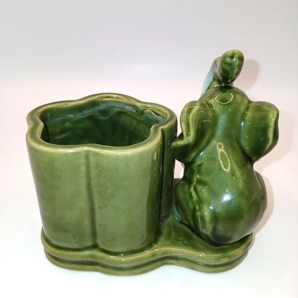 Ceramic Majolica Style Lucky Elephant Planter Green Glazed Trunk Up Figurine